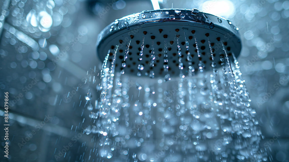 Water droplets falling from modern showerhead with ceramic tiles in background natural lighting Water droplets falling from modern showerhead with ceramic tiles in background natural lighting