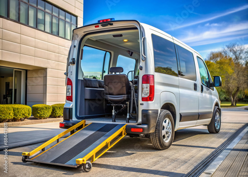 Accessible wheelchair lift-equipped vehicle with ramp and securement system parked outside medical facility, ready for transportation to appointments for people with mobility impairments. © Adisorn