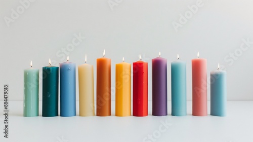 Minimalist solid colored candles arranged neatly on a plain white surface