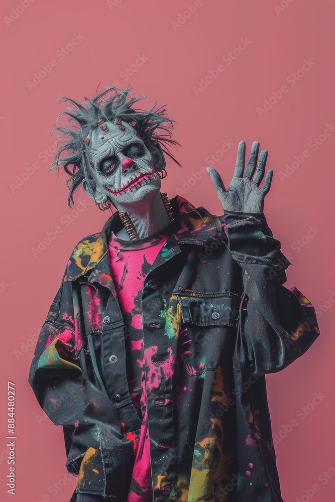 Cheerful Frankenstein Waving Against Pink Cheerful Frankenstein Waving Against Pink