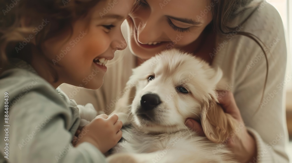 A woman and a child share a tender moment with a fluffy puppy, showcasing warmth and affection. A woman and a child share a tender moment with a fluffy puppy, showcasing warmth and affection.