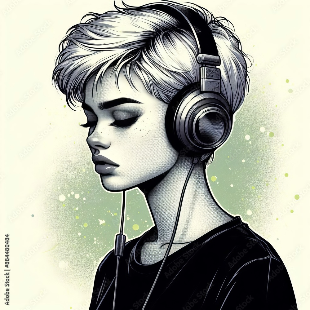 Fototapeta premium Teenage girl with a white pixie haircut in a black T-shirt listens to music
