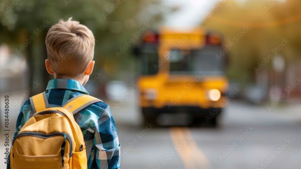 A young boy with a yellow backpack waits for a school bus on a quiet street. The bus is approaching in the background. Back to school concept A young boy with a yellow backpack waits for a school bus on a quiet street. The bus is approaching in the background. Back to school concept