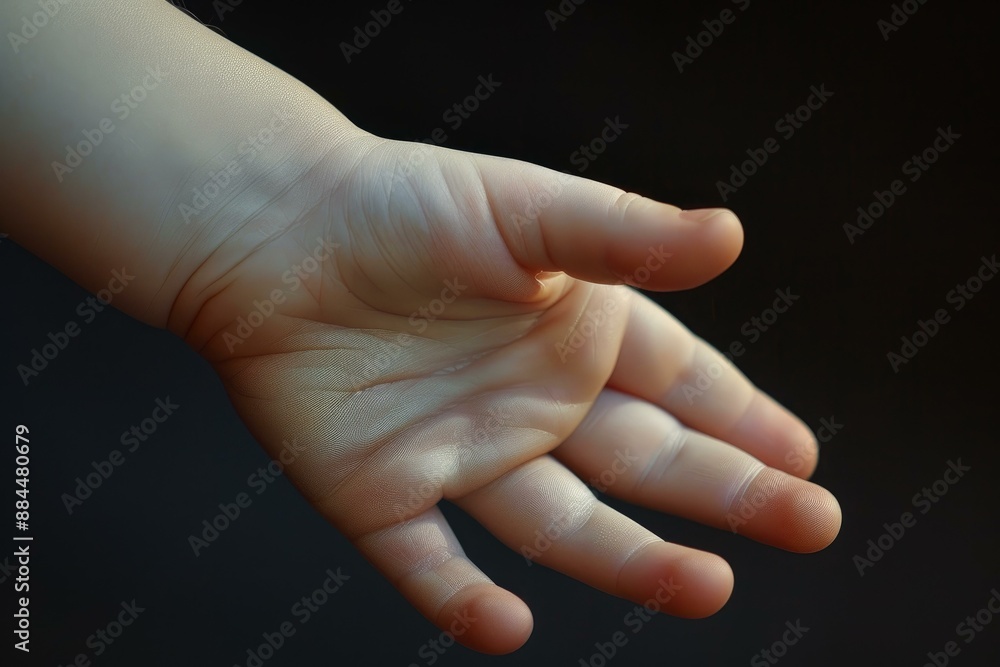 Closeup of a human hand extended open, isolated against a dark, black backdrop Closeup of a human hand extended open, isolated against a dark, black backdrop