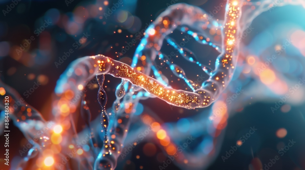 Glowing strands of DNA with vibrant colors, depicting genetic code complexity and illuminated particles Glowing strands of DNA with vibrant colors, depicting genetic code complexity and illuminated particles