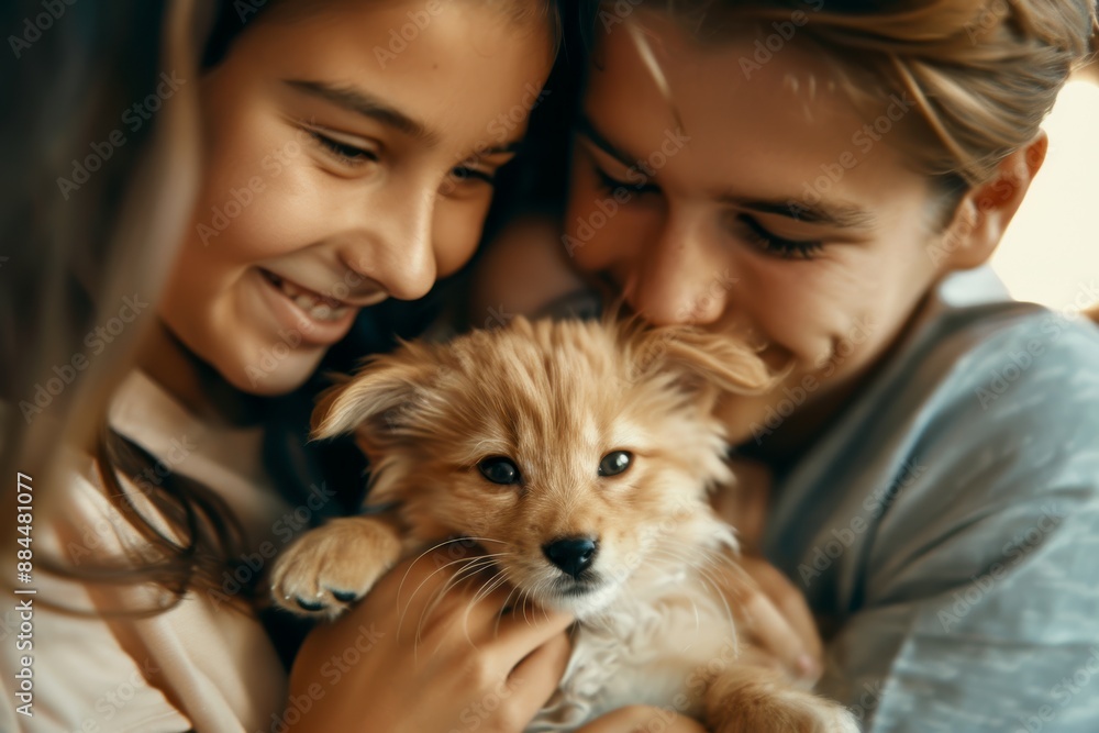 Two children happily cuddle a fluffy puppy, showcasing warmth and affection in a close-up shot. Two children happily cuddle a fluffy puppy, showcasing warmth and affection in a close-up shot.