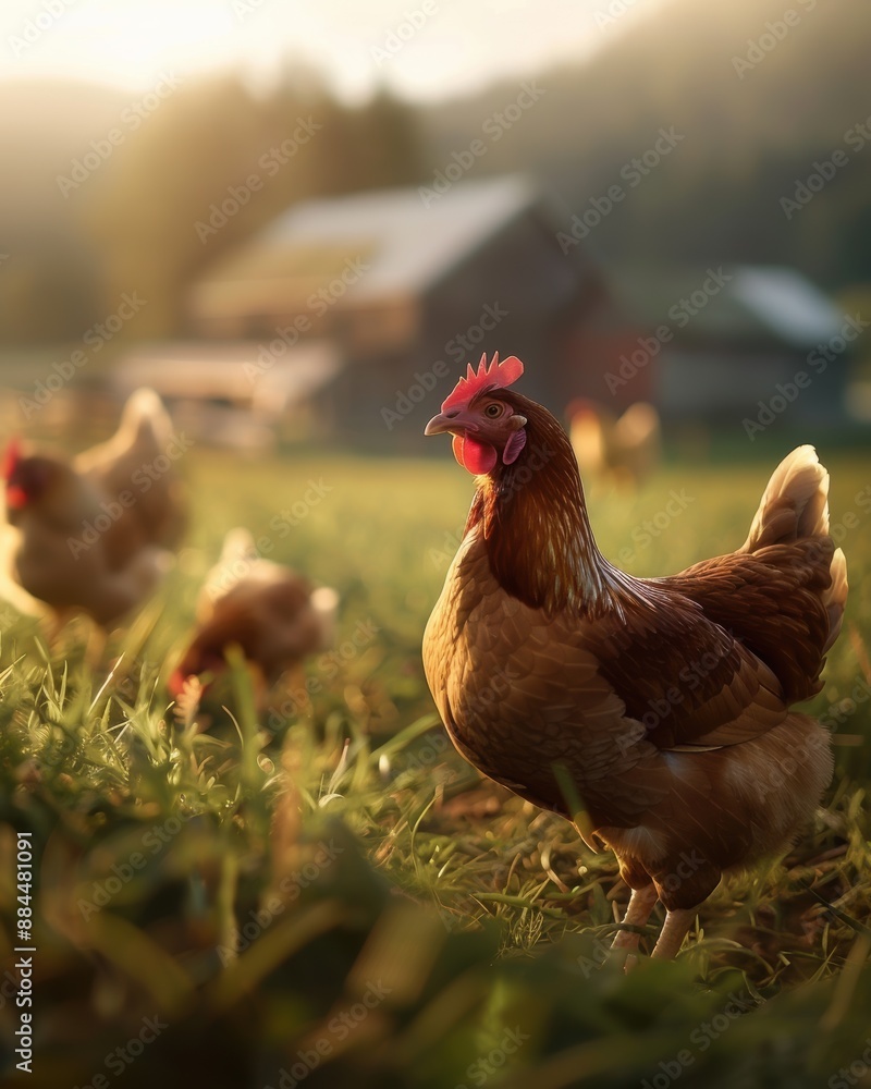 Fototapeta premium Chickens roam freely in a sunlit, rural farm setting with a rustic barn in the background, creating a serene and natural atmosphere