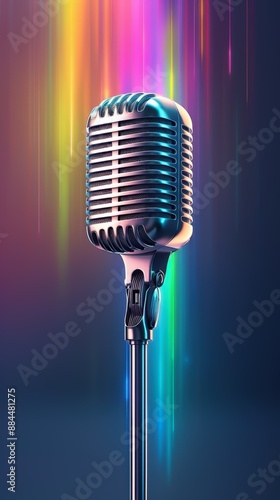 A vintage-style microphone stands against a vibrant background with streaks of colorful light