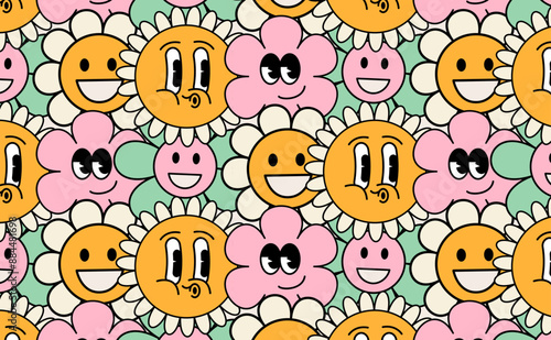 Pattern groovy funny trendy retro cartoon characters flowers crowd. Vintage happy characters in comic rubber hose style. Isolated vector seamless illustration. Hippie in the style of the 60s, 70s.