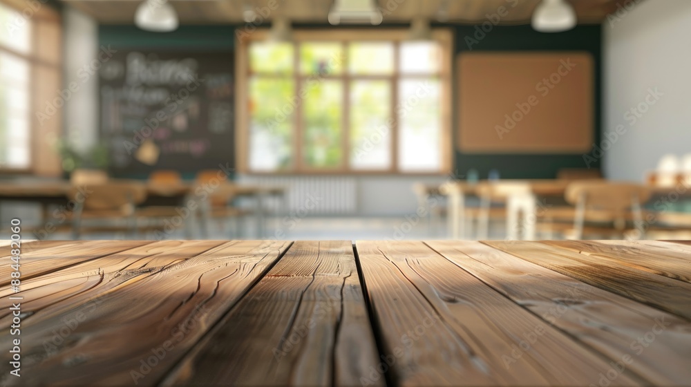 Classroom with blurry wooden table Classroom with blurry wooden table