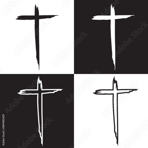 Hand drawn christian cross symbol, hand painted with ink brush. clipart isolated on white and black background. EPS 10