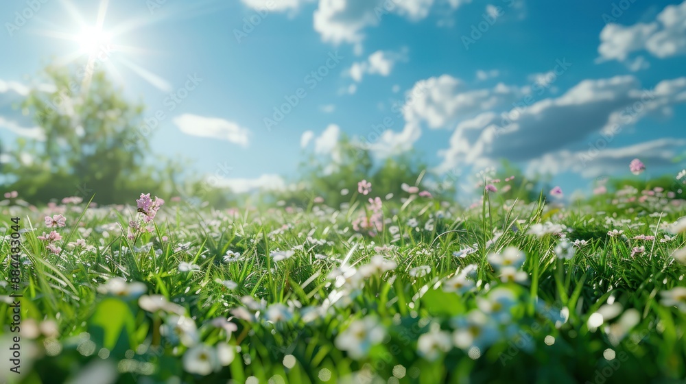 Blurred background of spring nature with a nicely trimmed lawn against a blue sky and clouds on a bright sunny day. Generative AI Blurred background of spring nature with a nicely trimmed lawn against a blue sky and clouds on a bright sunny day. Generative AI