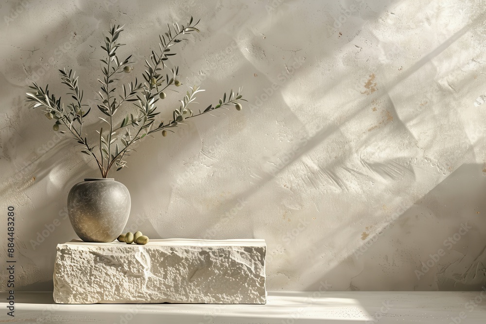 Minimalist still life with olive branch in a vase on a stone podium against a textured wall with sunlight and shadows