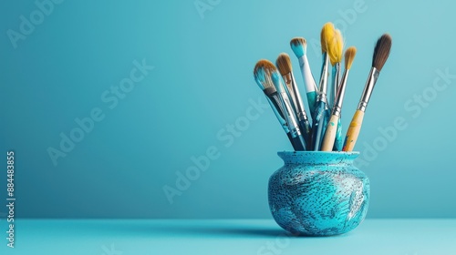 Colorful Paint Brushes in Artistic Pot on Blue Background - A vibrant collection of paint brushes in a creatively painted pot against a bright blue background, ideal for artistic and creative concepts