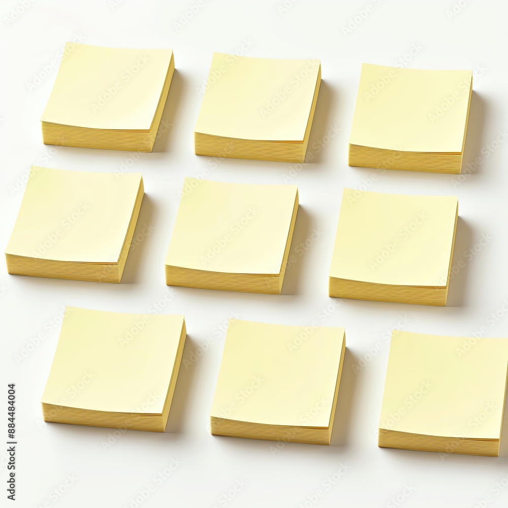 A set of nine square yellow sticky notes arranged in a grid pattern on a white background, perfect for office or school use.