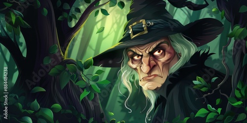 Halloween Cartoon Old Scary Witch in a Creepy Forest photo