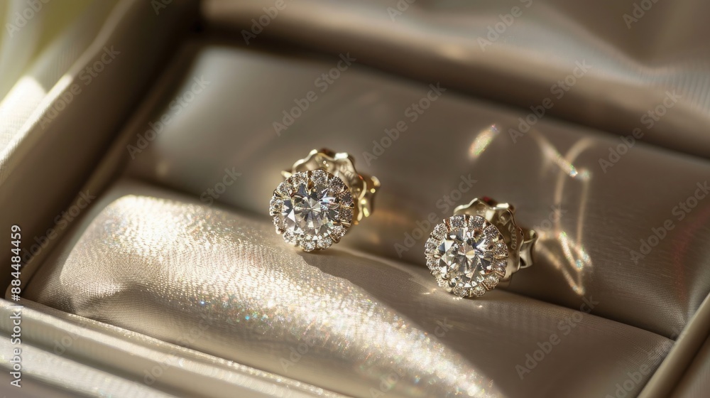 An elegant pair of diamond-studded earrings displayed in a satin-lined jewelry box. An elegant pair of diamond-studded earrings displayed in a satin-lined jewelry box.