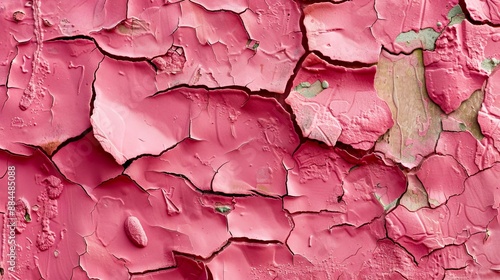 A pink peeling paint wall with cracks.