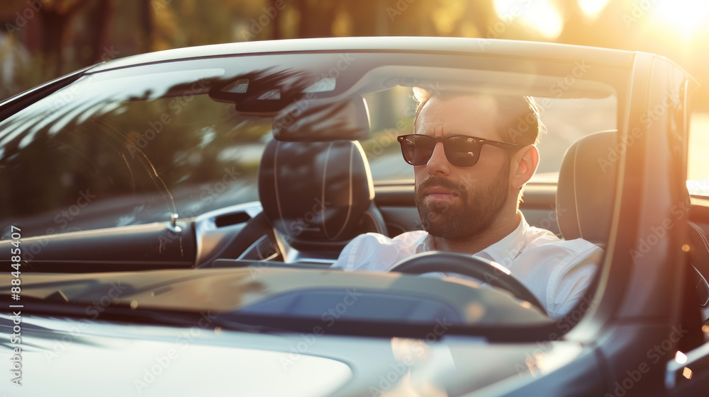 Naklejka premium Photo of an American man driving a luxury car, symbolizing success and lifestyle in a realistic setting.generative ai