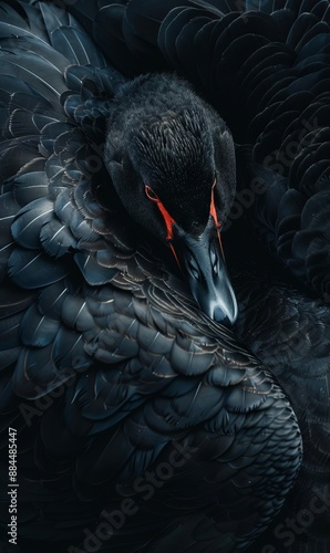 Fototapeta Naklejka Na Ścianę i Meble -  A black swan is sleeping on its back.