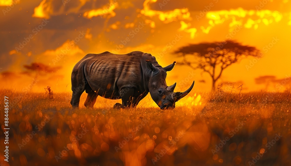Fototapeta premium A rhino grazing in the grass at sunset.