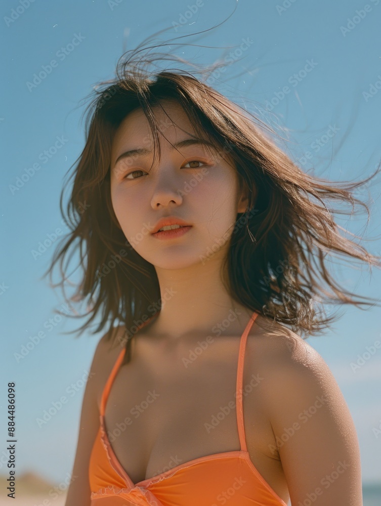 A woman relaxes on the beach wearing an orange bikini, enjoying her summer vacation A woman relaxes on the beach wearing an orange bikini, enjoying her summer vacation