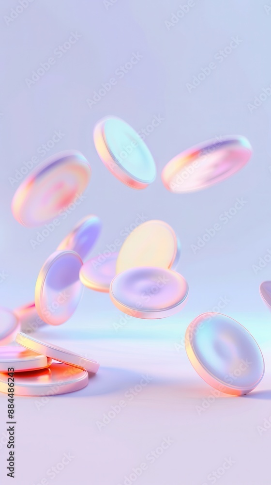 A bunch of colorful, abstract, and shiny coins are floating in the air A bunch of colorful, abstract, and shiny coins are floating in the air