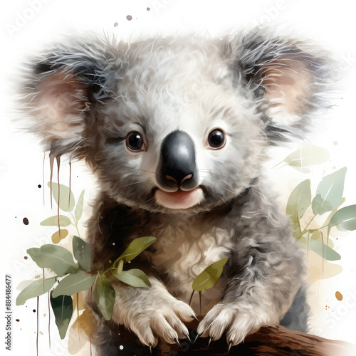 Watercolor Koala Face Close Up Portrait, clipart Illustration, Generative Ai