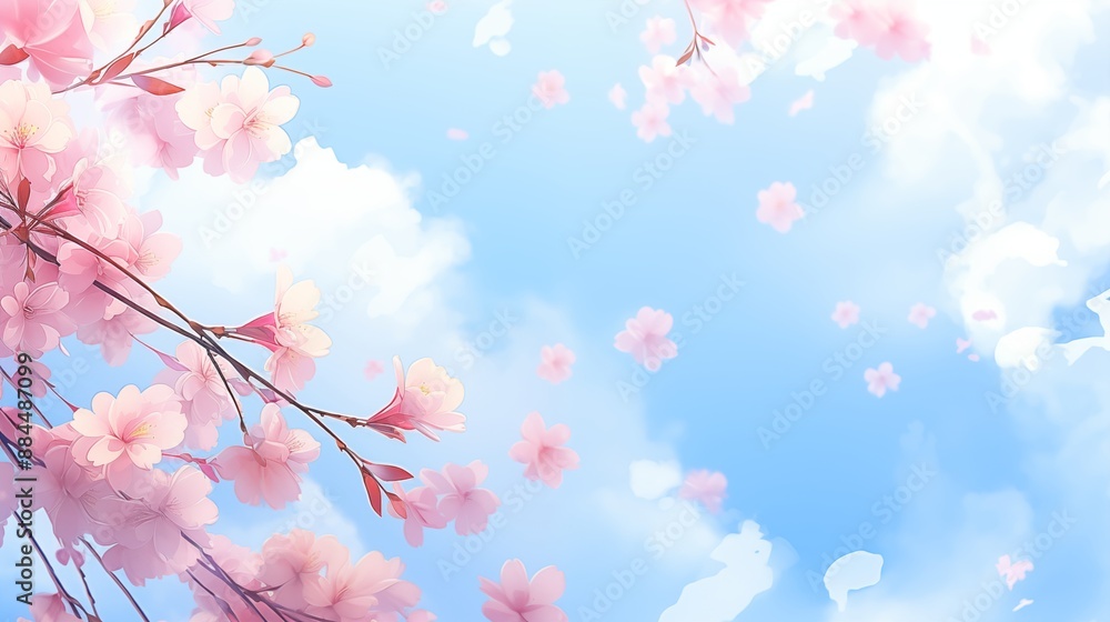Fototapeta premium Cherry Blossom Flowers Blooming Against a Clear Blue Sky with Scattered Clouds