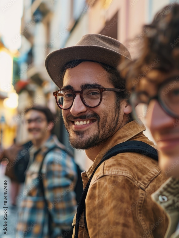 A person wearing a hat and glasses smiles directly at the camera, conveying friendliness and approachability A person wearing a hat and glasses smiles directly at the camera, conveying friendliness and approachability