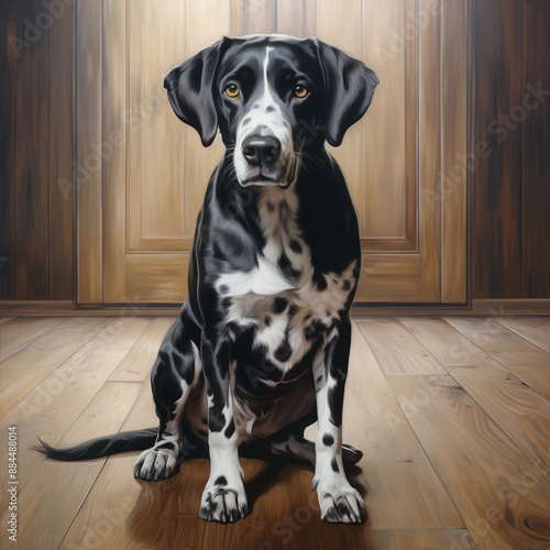 A big black dog with white spots sits on a wooden floor