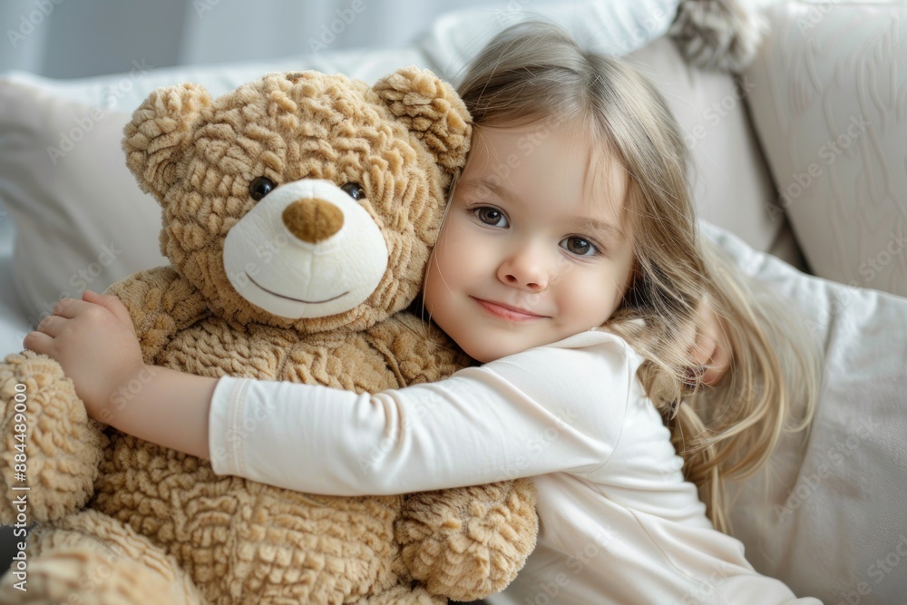 Cute little fair-skinned child girl hugging teddy bear. Love and tenderness. Happy childhood concept Cute little fair-skinned child girl hugging teddy bear. Love and tenderness. Happy childhood concept