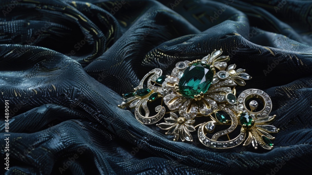 An opulent brooch with emerald and diamond detailing, placed on a dark velvet background. An opulent brooch with emerald and diamond detailing, placed on a dark velvet background.