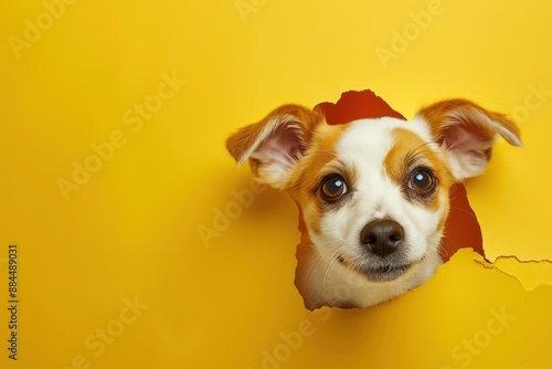 cute puppy through hole in plain yellow color paper card wall with text space