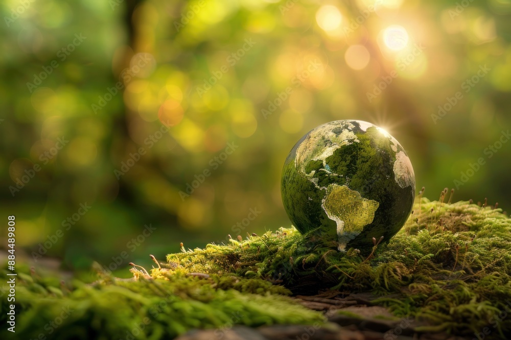 Earth Day - Environment - Green Globe In Forest With Moss And Defocused Abstract Sunlight, Saving environment Earth Day - Environment - Green Globe In Forest With Moss And Defocused Abstract Sunlight, Saving environment