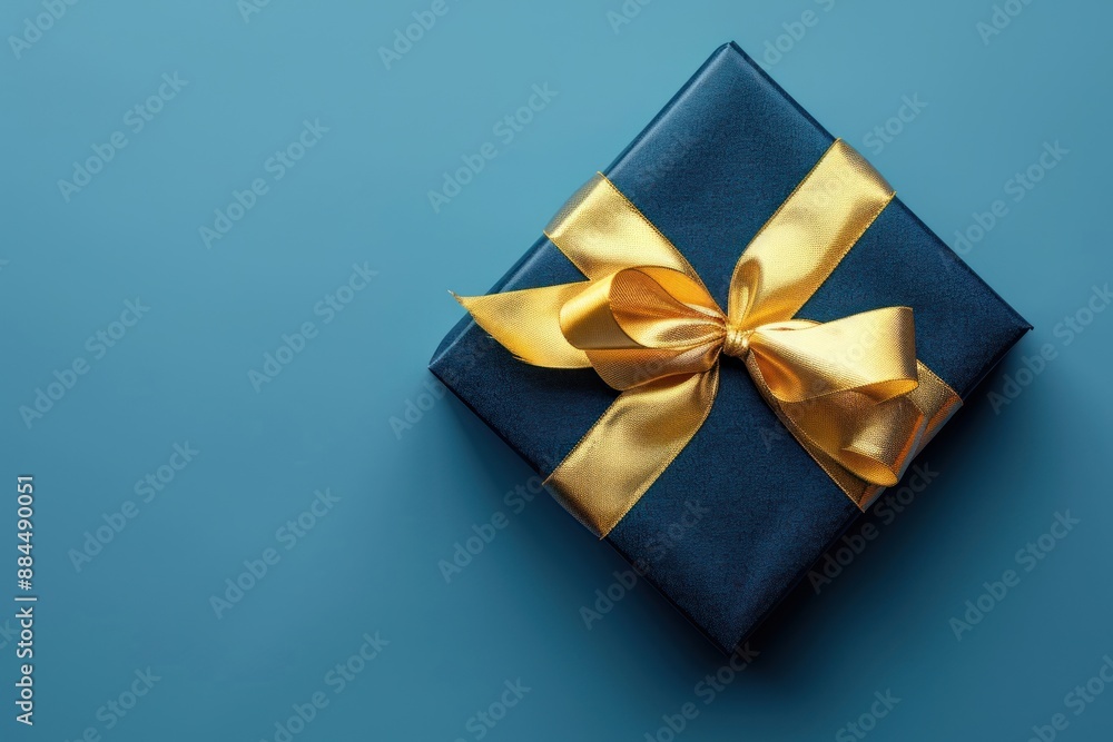 Elegant gift with golden ribbon on blue background, top view