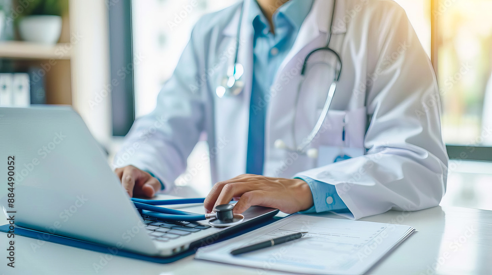 Doctor working on a laptop in a modern office, illustrating healthcare technology and professional medical practice. Doctor working on a laptop in a modern office, illustrating healthcare technology and professional medical practice.