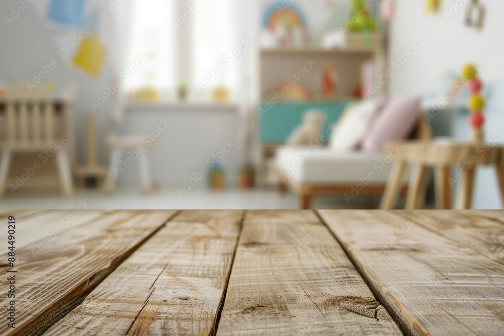 Empty wooden table top and blurred kids room interior on the background. object, product, toy presentation Empty wooden table top and blurred kids room interior on the background. object, product, toy presentation