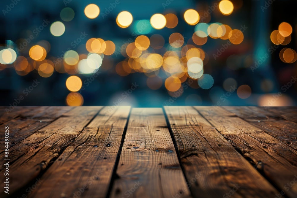 Empty wooden table with bokeh background, night view, blurred bokeh lights background Empty wooden table with bokeh background, night view, blurred bokeh lights background