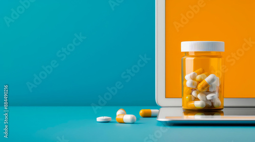 Computer and prescription bottle on blue and yellow background, symbolizing online healthcare, telemedicine, and digital pharmacy services.