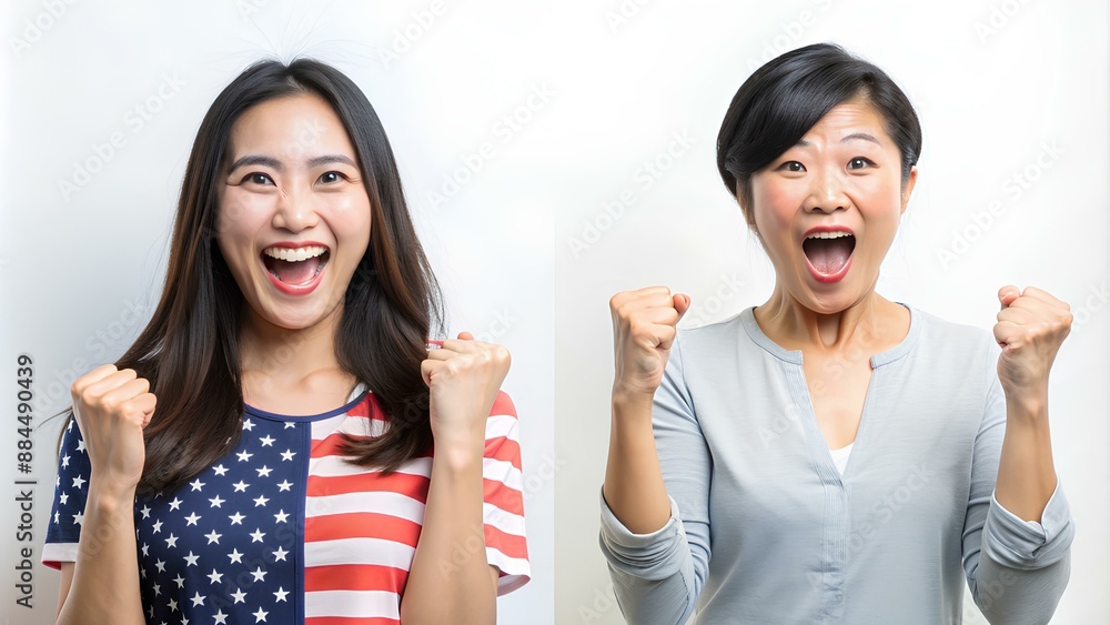 Excited asian lady eager for a yes stands over a white background. Joy of Victory Lady Shaking Fists Excited asian lady eager for a yes stands over a white background. Joy of Victory Lady Shaking Fists