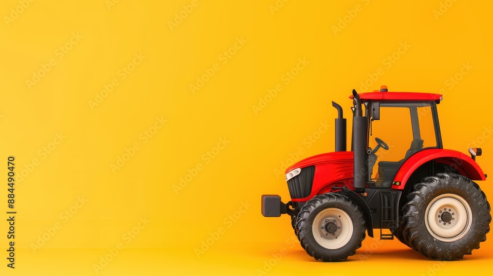 A bright red tractor standing against a vibrant yellow background, representing agriculture and farming equipment in a modern setting. A bright red tractor standing against a vibrant yellow background, representing agriculture and farming equipment in a modern setting.