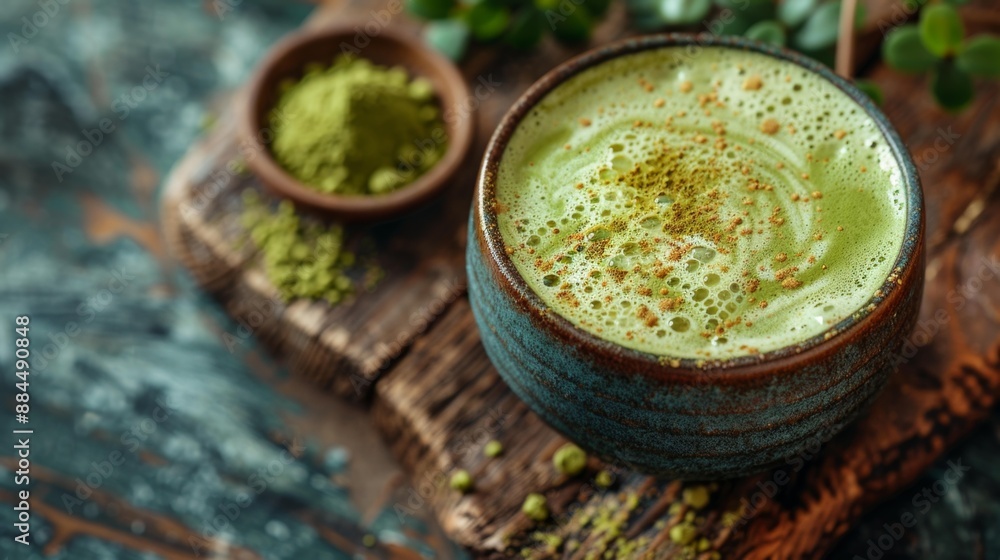 Green matcha tea in rustic cup - generative ai Green matcha tea in rustic cup - generative ai
