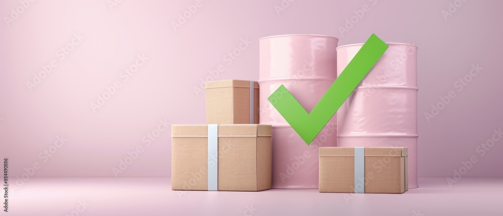 Obraz premium A green check mark is on top of a stack of boxes and two pink barrels