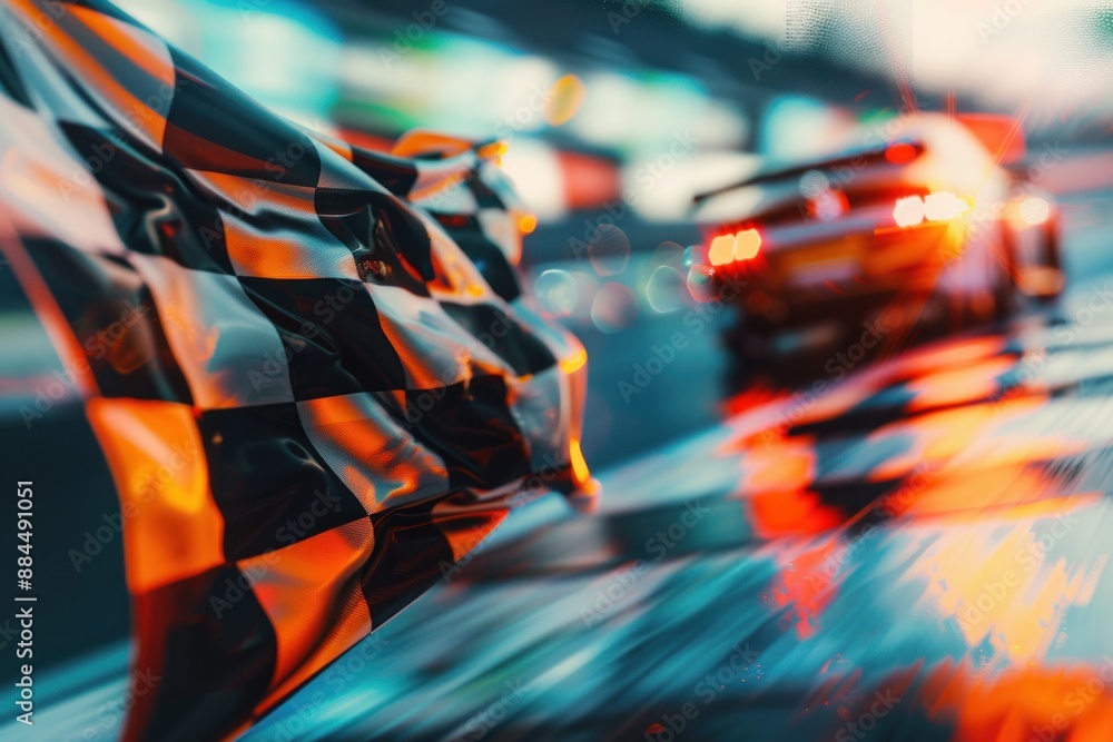 Fototapeta premium Finish racing flag with blurred dynamic car driving background on track