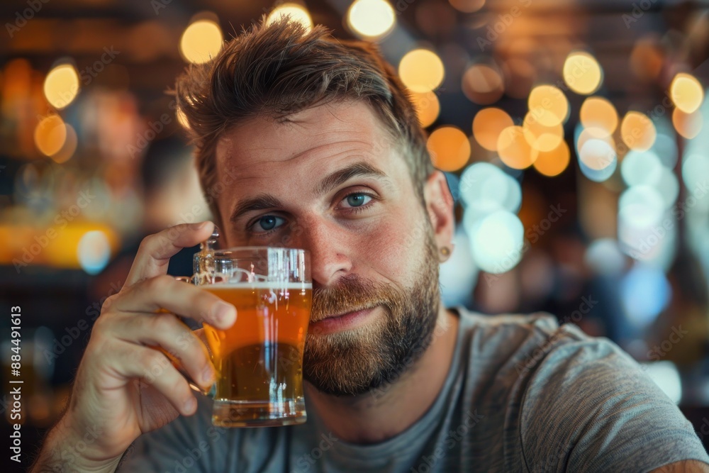 focused man drinks beer in pub bokeh background focused man drinks beer in pub bokeh background