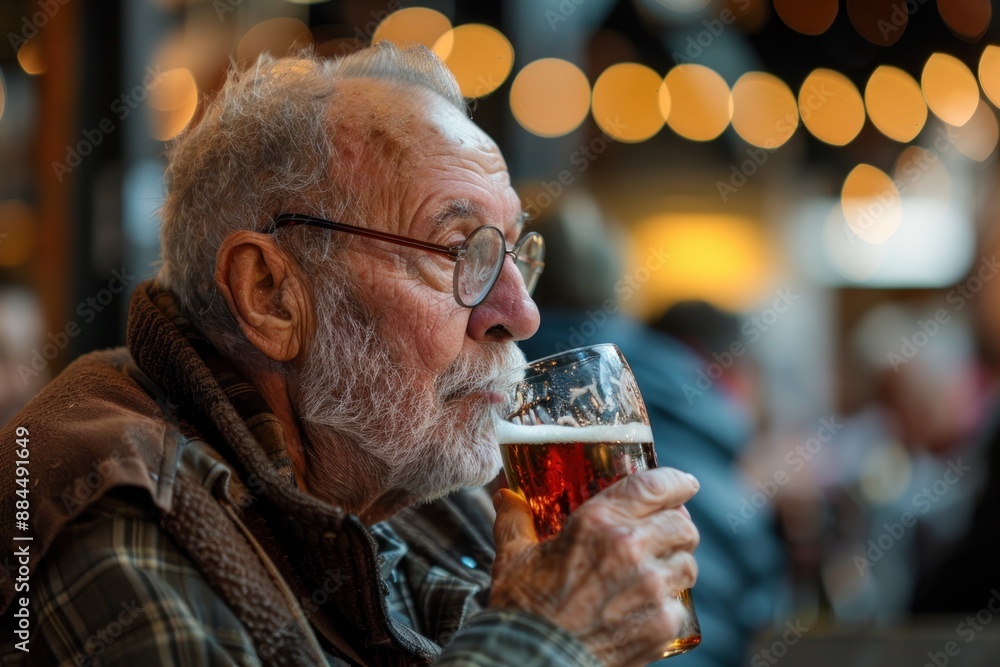 focused old man drinks beer in pub bokeh background focused old man drinks beer in pub bokeh background