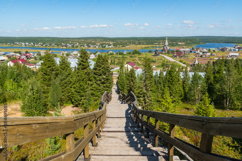 Panoramic view of the ancient fishing village of Varzuga on the Kola Peninsula in northern Russia Panoramic view of the ancient fishing village of Varzuga on the Kola Peninsula in northern Russia
