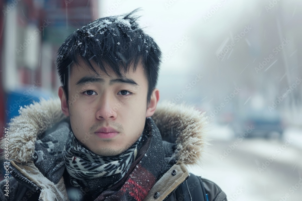Portrait of a thoughtful young man covered with snowflakes in an urban winter setting Portrait of a thoughtful young man covered with snowflakes in an urban winter setting