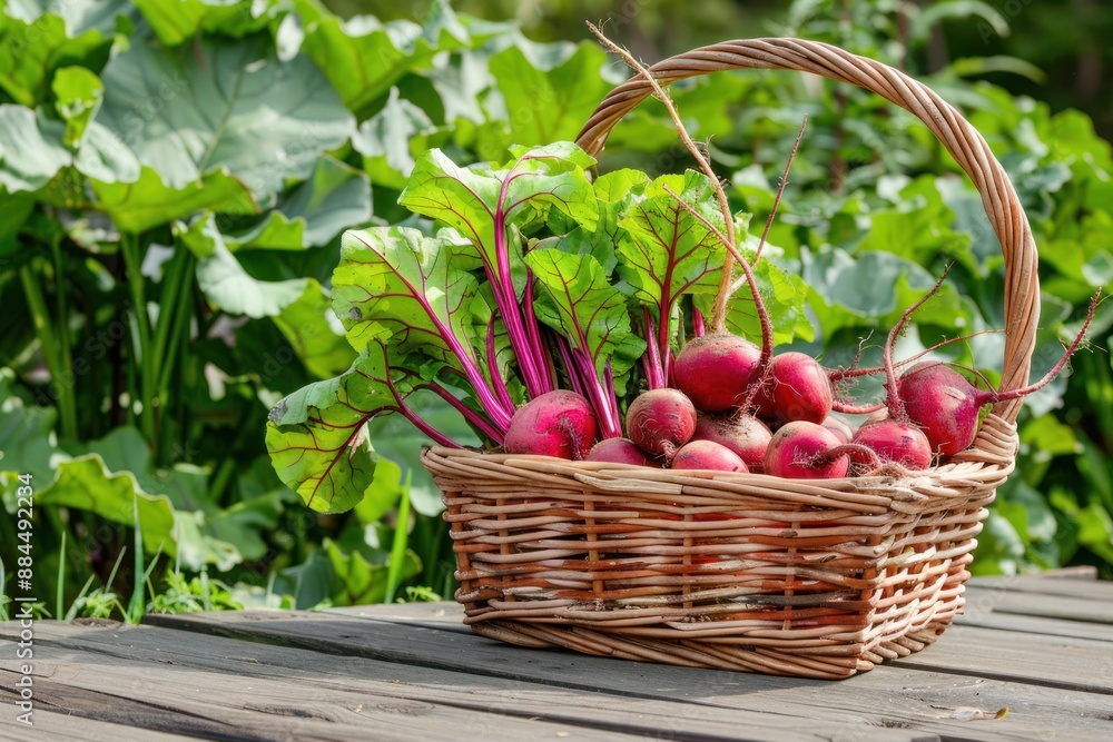 Fresh beet in a basket on a wooden table in the garden. Bountiful harvest, a heap of beet in a wicker basket Fresh beet in a basket on a wooden table in the garden. Bountiful harvest, a heap of beet in a wicker basket